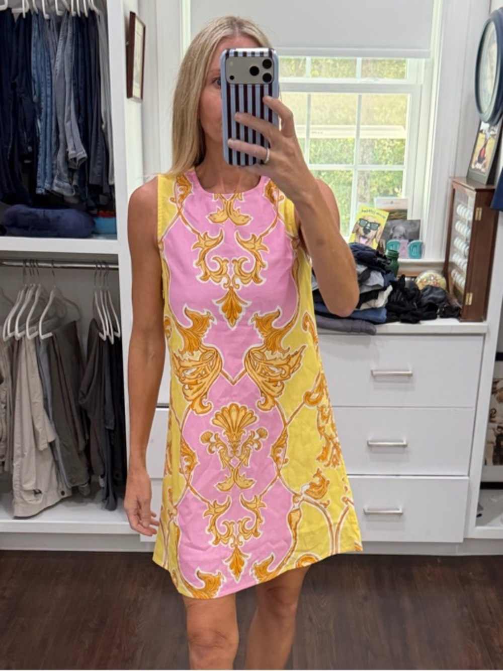 BEYOND by Vera Sleeveless Pink and Yellow Printed Mini Shift Dress